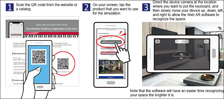 Ứng dụng mới của Casio: AR (augmented reality) - Mô phỏng thực tế sản phẩm trong không gian sống, cho phép bạn kiểm tra kích thước, màu sắc từ nhà và dễ dàng mô phỏng việc đặt một cây đàn digital piano trong nhà của bạn.